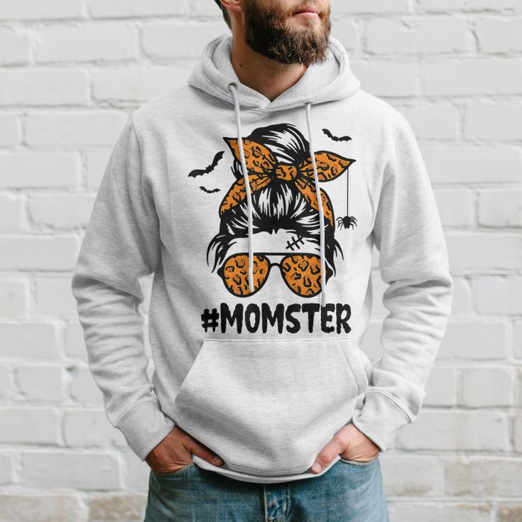 Momster For Women Halloween Mom Messy Bun Leopard Men Hoodie Gifts for Him