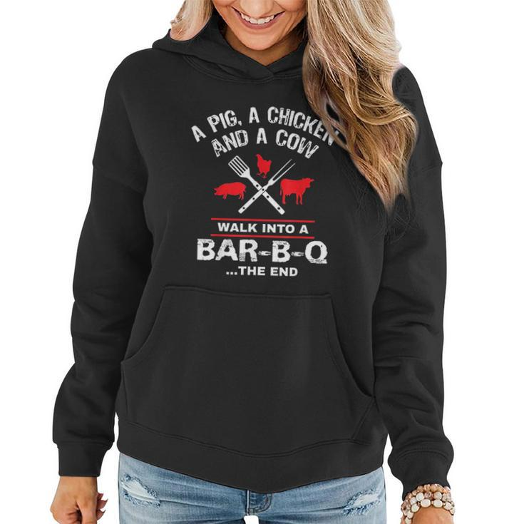 A Pig Chicken Cow Walk Into A Bar Funny Bbq Grilling Women Hoodie Graphic Print Hooded Sweatshirt
