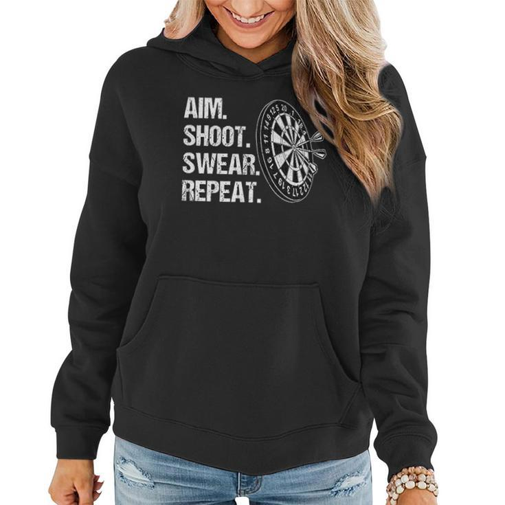 Aim Shoot Swear Repeat Funny Darts Player Women Hoodie Graphic Print Hooded Sweatshirt