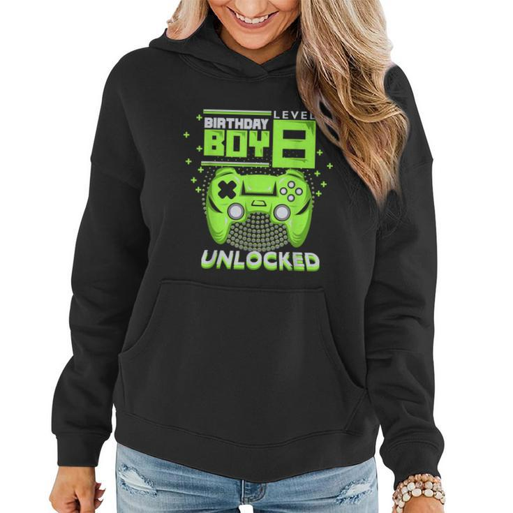 Birthday Boy Level 8 Unlocked Video Game 8Th Birthday Gamer Women Hoodie Graphic Print Hooded Sweatshirt