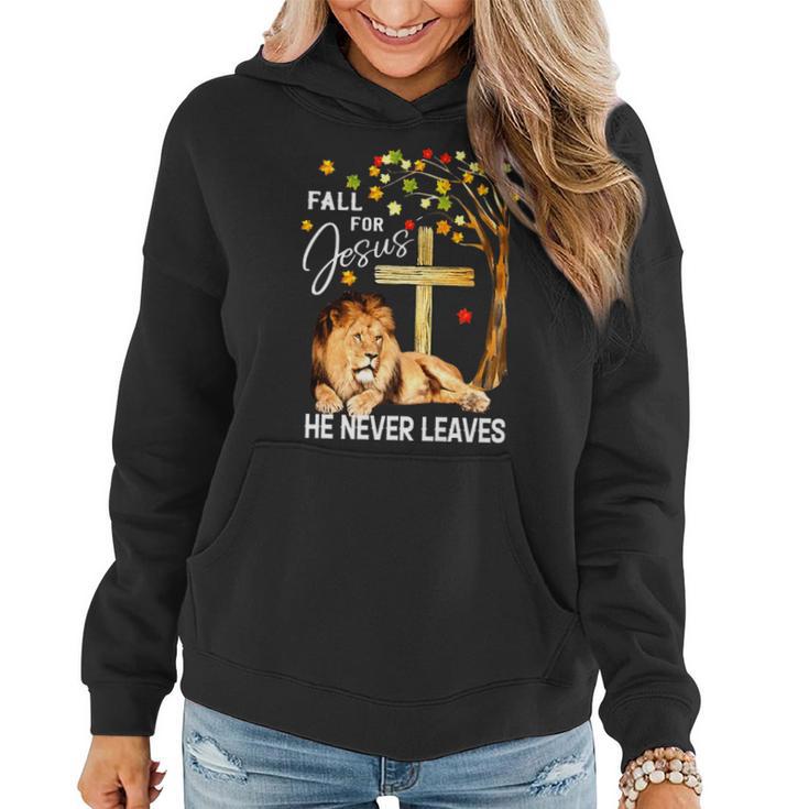 Fall For Jesus He Never Leaves Lion Jesus Cross Christian   Women Hoodie