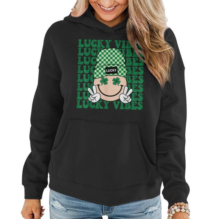 Groovy Smile Face Lucky Vibes Shamrock St Patricks Day  Women Hoodie