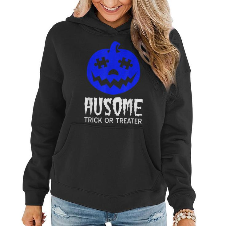 Halloween Autism Awareness Trick Or Treat Blue Pumpkin Women Hoodie Graphic Print Hooded Sweatshirt