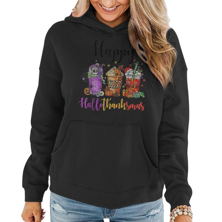 Happy Hallothanksmas Coffee Latte Halloween Thanksgiving  V15 Women Hoodie Graphic Print Hooded Sweatshirt