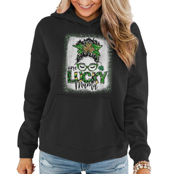 Messy Bun Leopard St Patricks Day One Lucky Mama Bleached  Women Hoodie