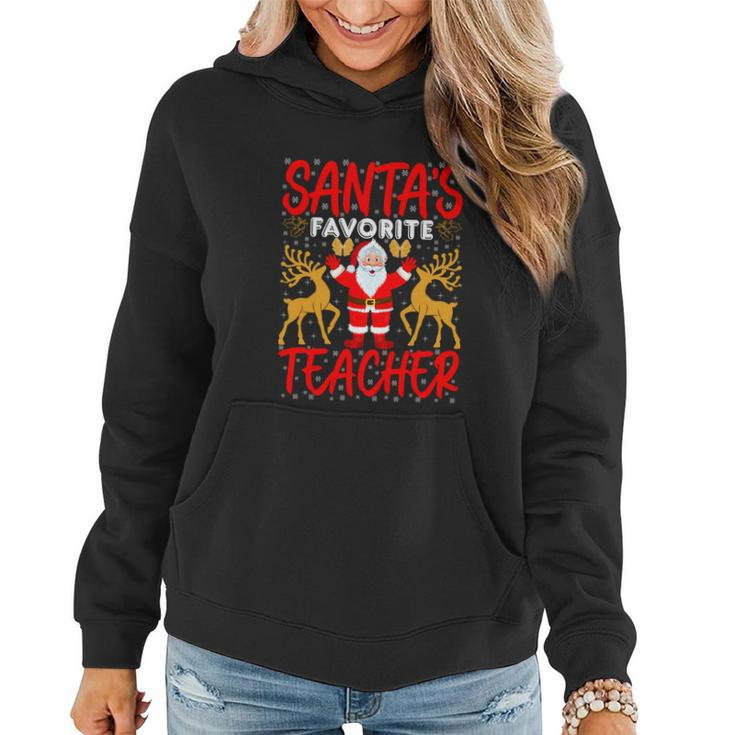  Santas Favorite Teacher Funny Xmas Deer Santa Claus Teacher Women Hoodie