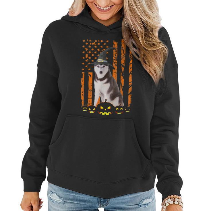 Siberian Husky Dog Pumpkin American Flag Witch Halloween  Women Hoodie Graphic Print Hooded Sweatshirt