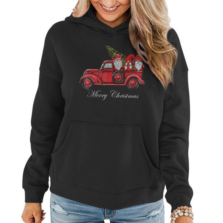 Three Gnomes In Red Truck With Merry Christmas Tree Women Hoodie Graphic Print Hooded Sweatshirt