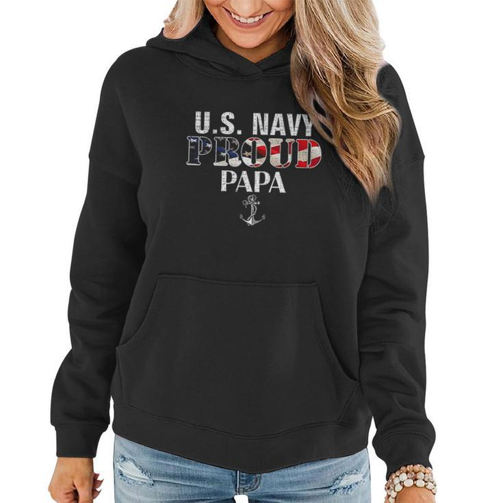 US Proud Navy Papa With American Flag Veteran Day Women Hoodie Graphic Print Hooded Sweatshirt