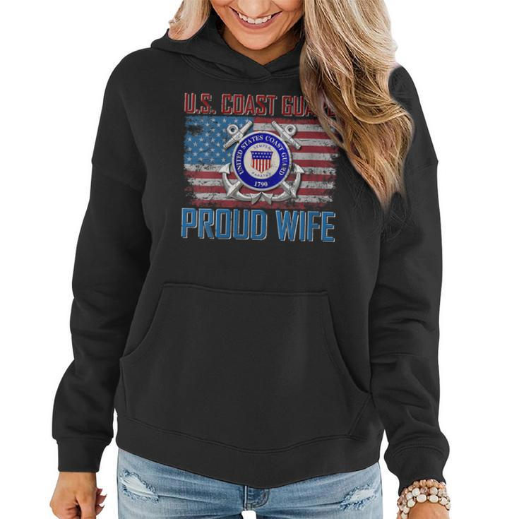 Womens US Coast Guard Proud Wife With American Flag Gift Veteran  Women Hoodie