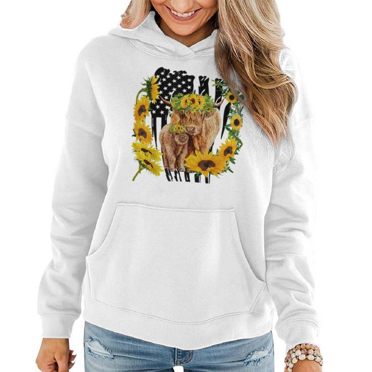 American Flag Sunflower Baby And Mother Highland Cow  Women Hoodie