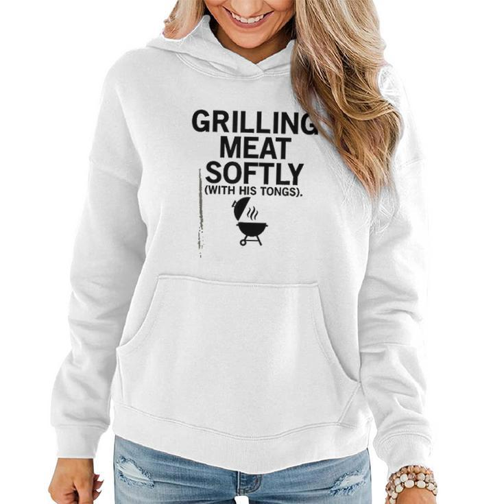 Grilling Meat Softly With His Tongs Funny BBQ Party Lovers Women Hoodie Graphic Print Hooded Sweatshirt