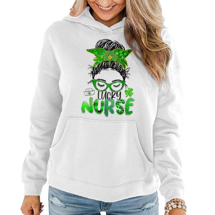 Lucky Nurse St Patricks Day Nurse Shamrock Messy Bun Mom  Women Hoodie