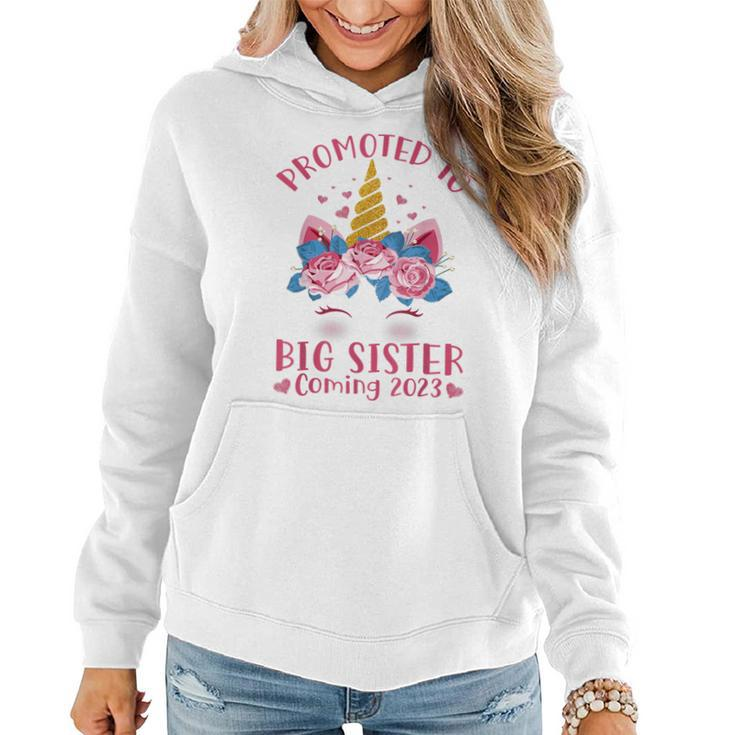 Promoted To Big Sister Coming 2023 Face Unicorn Baby Shower Women Hoodie