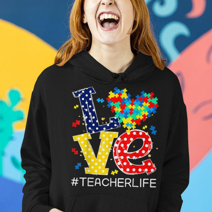 Autism Awareness Month Love Heart Puzzle Piece Teacher Life Women Hoodie Gifts for Her