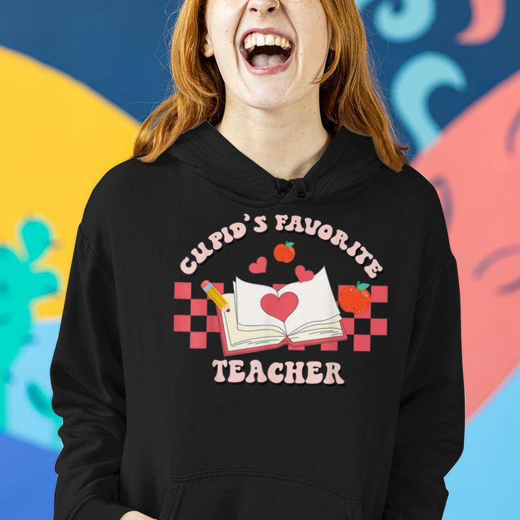 Cupids Favorite Teacher Happy Valentines Day Retro Groovy Women Hoodie Gifts for Her