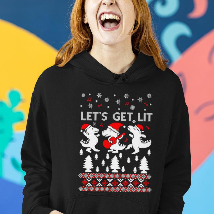 Lets Get Lit Pajamas Dinosaur Ugly Christmas Sweater Gift Women Hoodie Gifts for Her