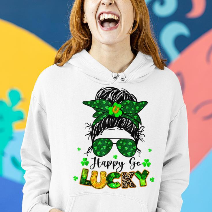 Happy Go Lucky Messy Bun Shamrock St Patricks Day Women Women Hoodie Gifts for Her