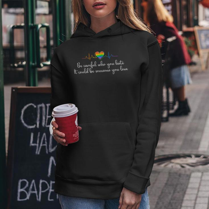 Be Careful Who You Hate Vintage Rainbow Hearts Lgbt Pride Women Hoodie Unique Gifts