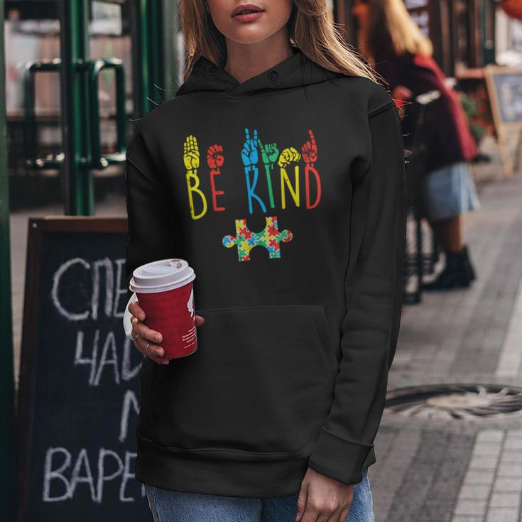 Be Kind Hand Sign Language Puzzle Autism Awareness Asl Mom Women Hoodie Unique Gifts