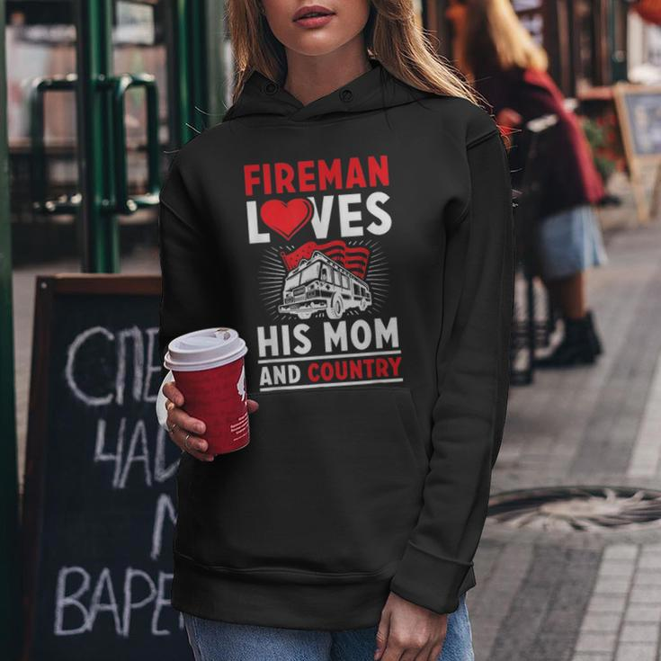 Fireman Loves His Mom And Country Mothers Day Firefighter Women Hoodie Funny Gifts