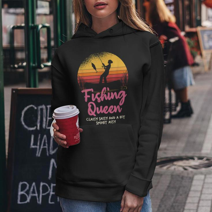 Fishing Queen Damen Hoodie mit Angler-Sonnenuntergang und Spruch Lustige Geschenke