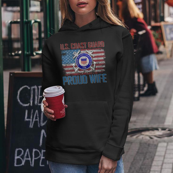 Womens US Coast Guard Proud Wife With American Flag Gift Veteran Women Hoodie Funny Gifts