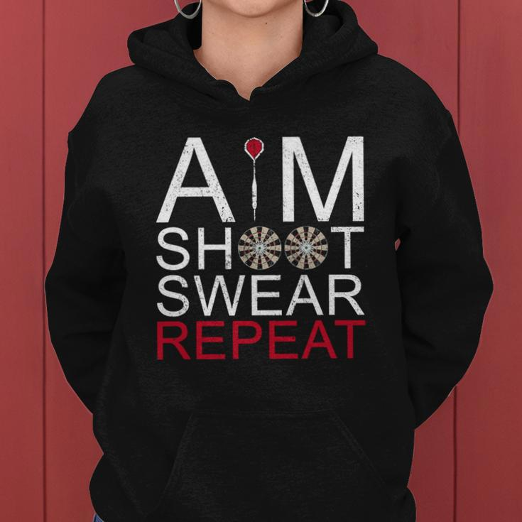 Aim Shoot Swear Repeat Darts Retro Vintage Gift Women Hoodie Graphic Print Hooded Sweatshirt