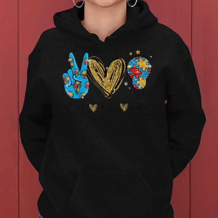 Autism Awareness Day Peace Love Autism Puzzle Ribbon Women Hoodie