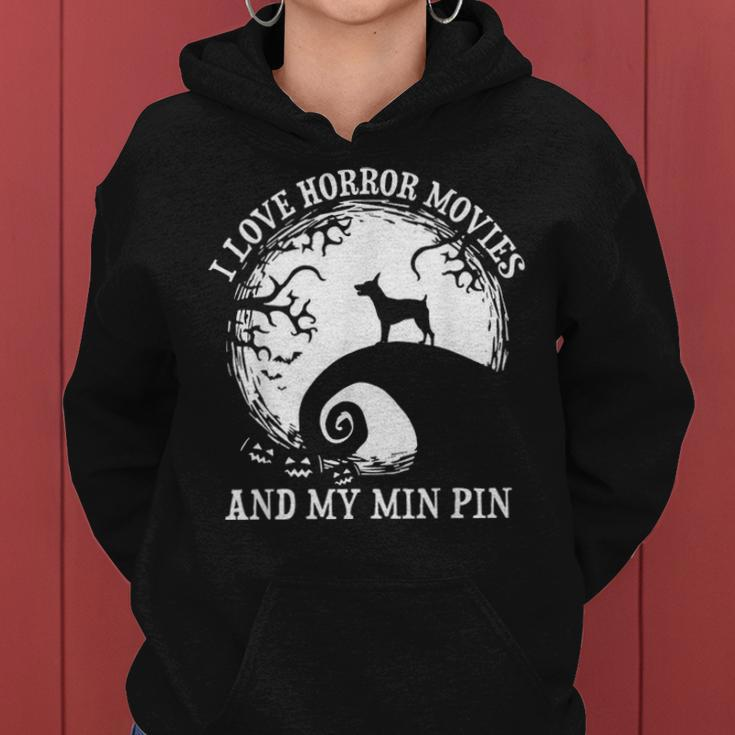 I Love Horror Movies And My Min Pin Dog Mom Dad Costume Women Hoodie