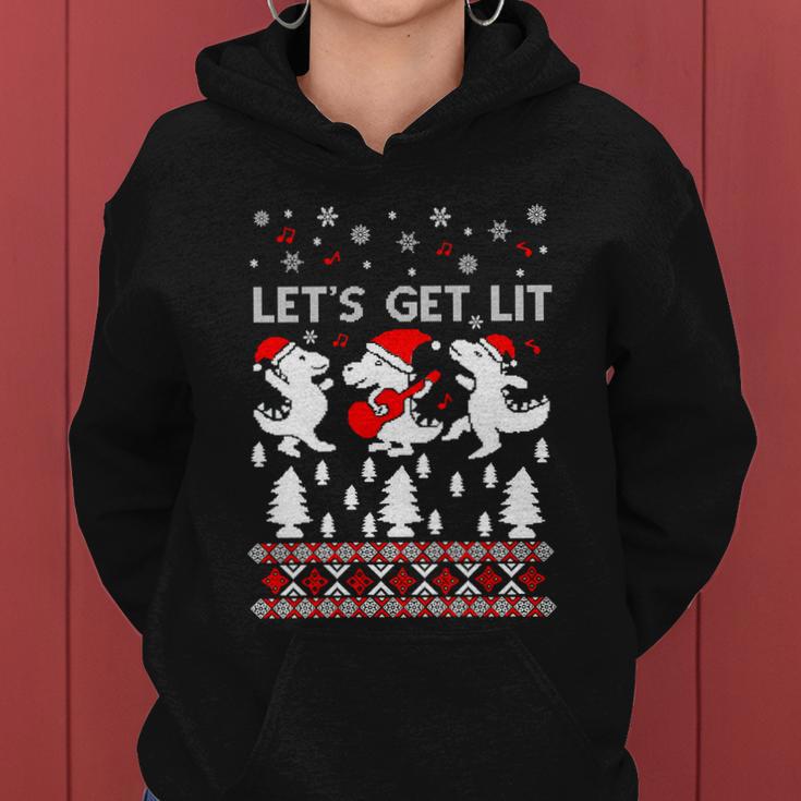 Lets Get Lit Pajamas Dinosaur Ugly Christmas Sweater Gift Women Hoodie