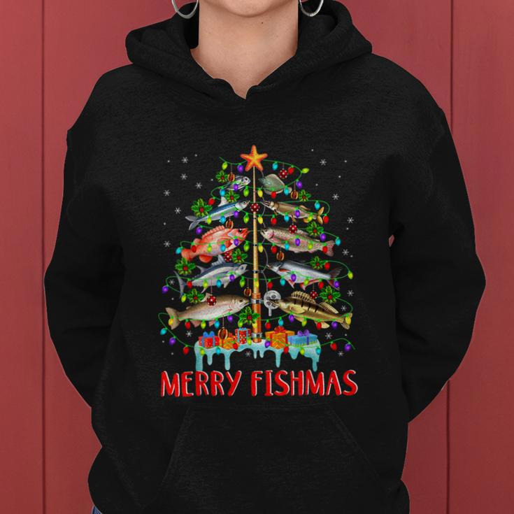 Merry Fishmas Funny Fishing Christmas Tree Lights Women Hoodie