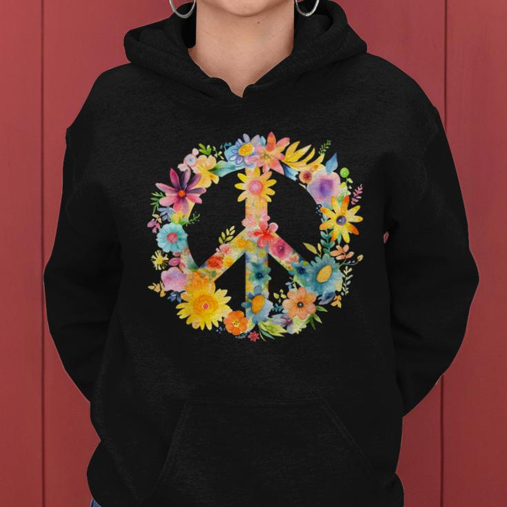 Peace Sign World Love Flowers Hippie Groovy Vibes Colorful Women Hoodie