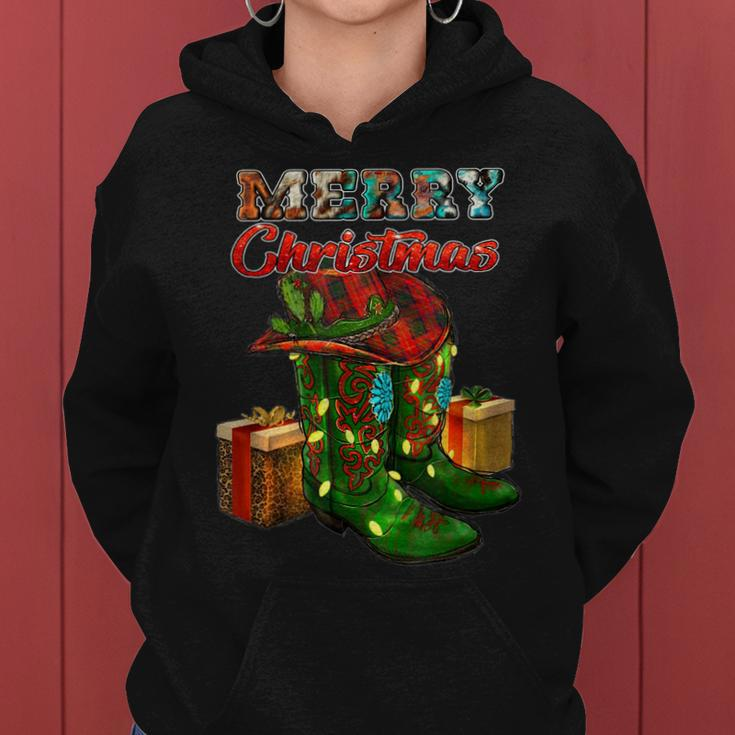 Western Texas Cow Print Cowboy Boots Hat Merry Christmas Women Hoodie