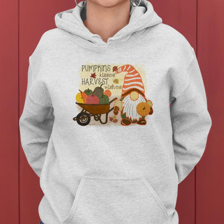 Funny Fall Gnomes Pumpkin Kisses And Harvest Wishes Women Hoodie Graphic Print Hooded Sweatshirt