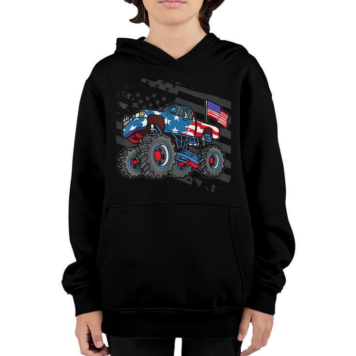 Boys Monster Truck Lover American Flag Racing Usa Patriotic  Youth Hoodie