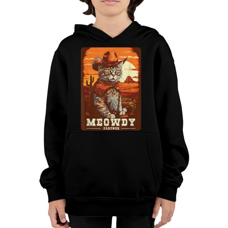 Meowdy Funny Country Music Cat Cowboy Hat Wanted Poster  Youth Hoodie
