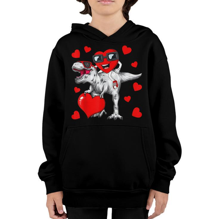 Valentines Day Heart Riding DinosaurRex Funny Boys Kids Youth Hoodie