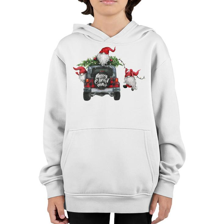 Funny Christmas Gnome On Red Plaid Truck Merry Xmas Kids  Youth Hoodie