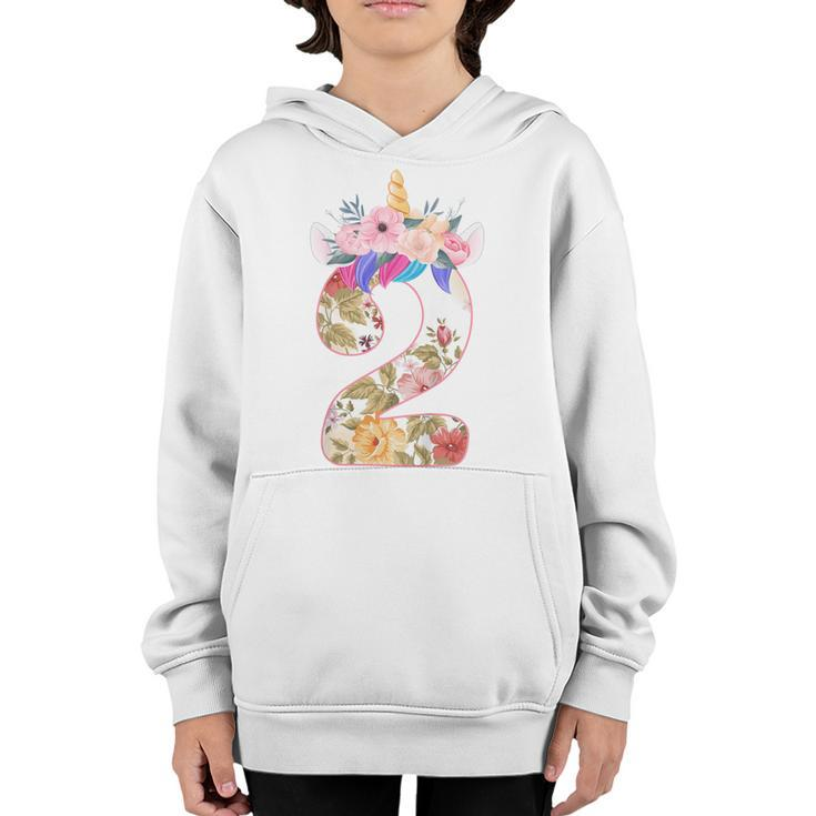 Kids 2 Year Old Unicorn Face Gift 2Nd Birthday Girls Ns Flower  Youth Hoodie