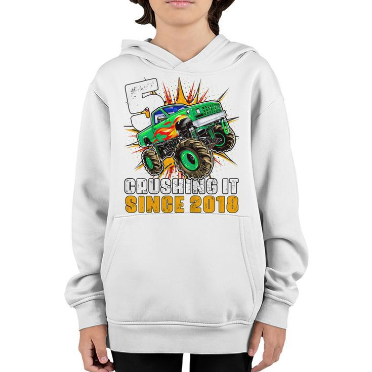 Kids 5 Crushing It Since 2018 Monster Truck 5Th Birthday Boys Youth Hoodie