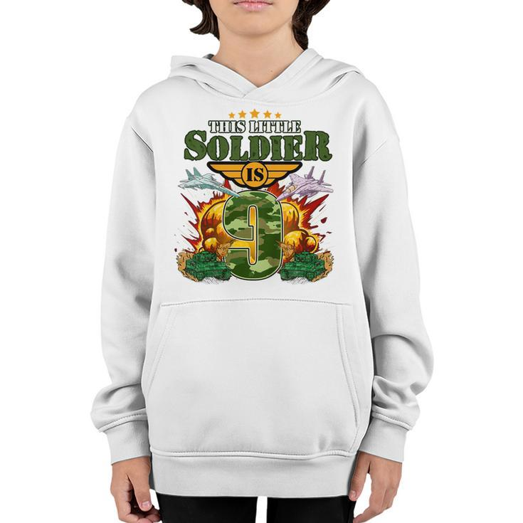 Kids 9Th Birthday This Little Soldier Is 9 Camo Style Boys  Youth Hoodie
