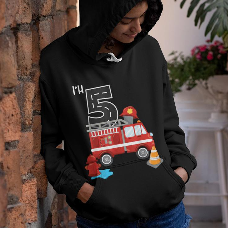 Im 5 Birthday Boy 5Th Bday Fire Truck Fire Fighter Number Youth Hoodie