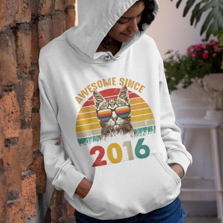 Kids 7Th Birthday Cat Lover Gift Retro Sunset Awesome Since 2016 Youth Hoodie