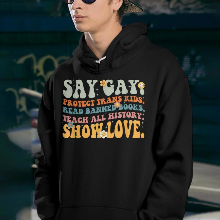 Groovy Say Gay Protect Trans Kids Read Banned Books Lgbt Youth Hoodie