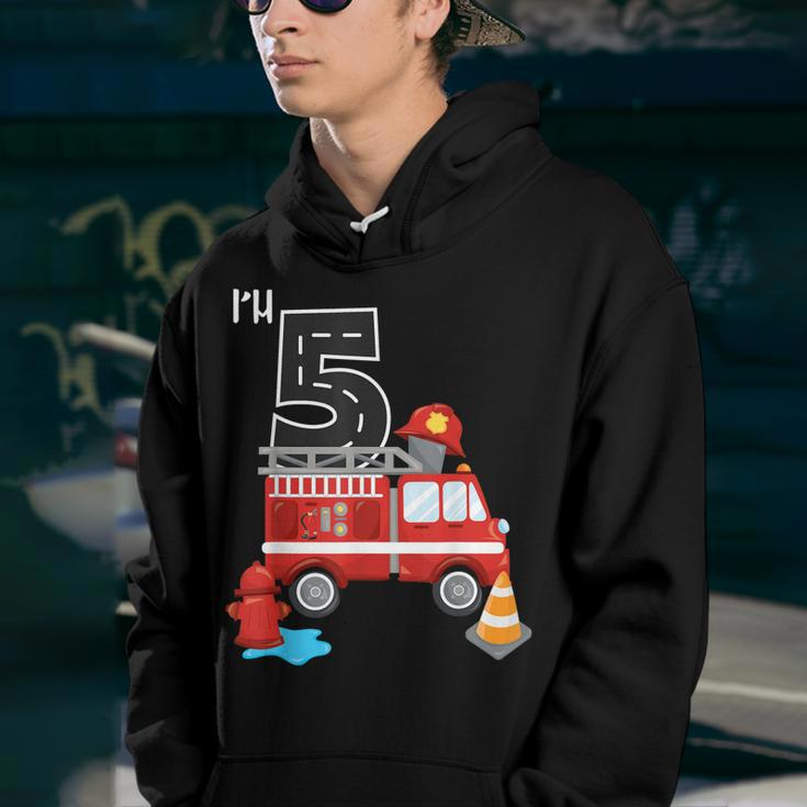 Im 5 Birthday Boy 5Th Bday Fire Truck Fire Fighter Number Youth Hoodie