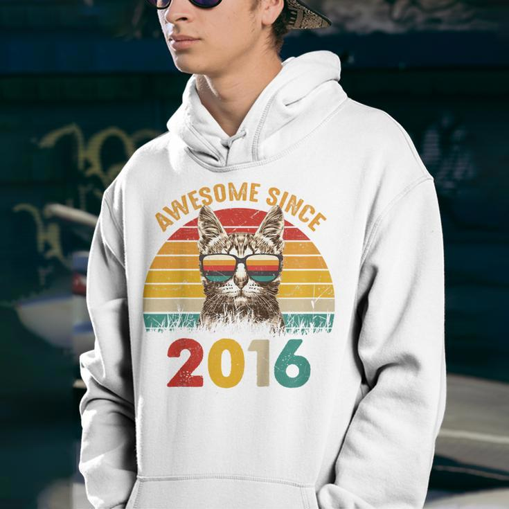 Kids 7Th Birthday Cat Lover Gift Retro Sunset Awesome Since 2016 Youth Hoodie