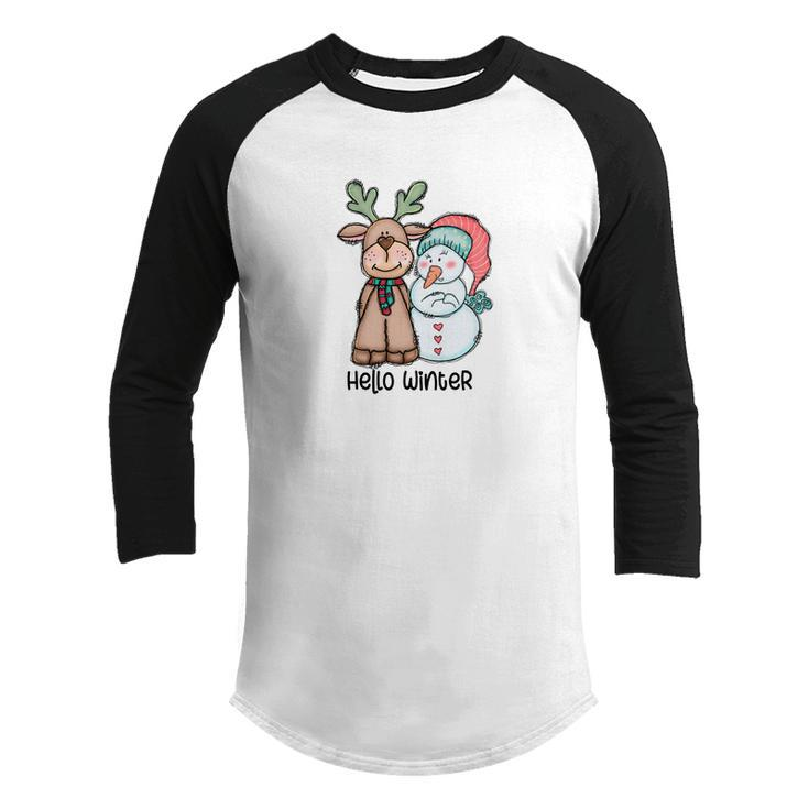 Cute Christmas Deer Snowman Hello Winter Youth Raglan Shirt