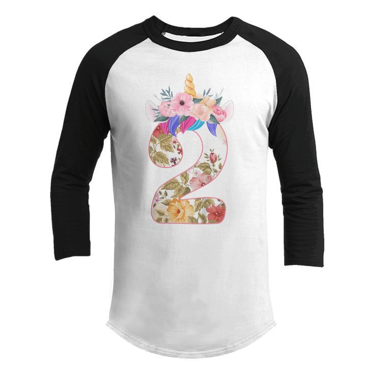 Kids 2 Year Old Unicorn Face Gift 2Nd Birthday Girls Ns Flower Youth Raglan Shirt