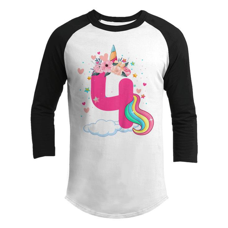 Kids 4 Year Old Gifts 4Th Birthday Girls Kids Unicorn Face Flower Youth Raglan Shirt